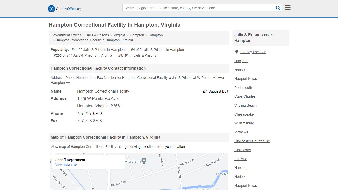 Hampton Correctional Facility in Hampton, Virginia - County Office