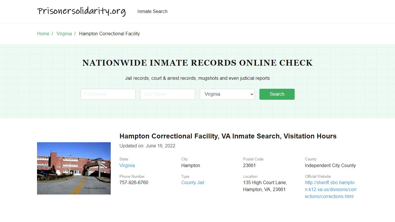 Hampton Correctional Facility, VA Inmate Search, Visitation Hours