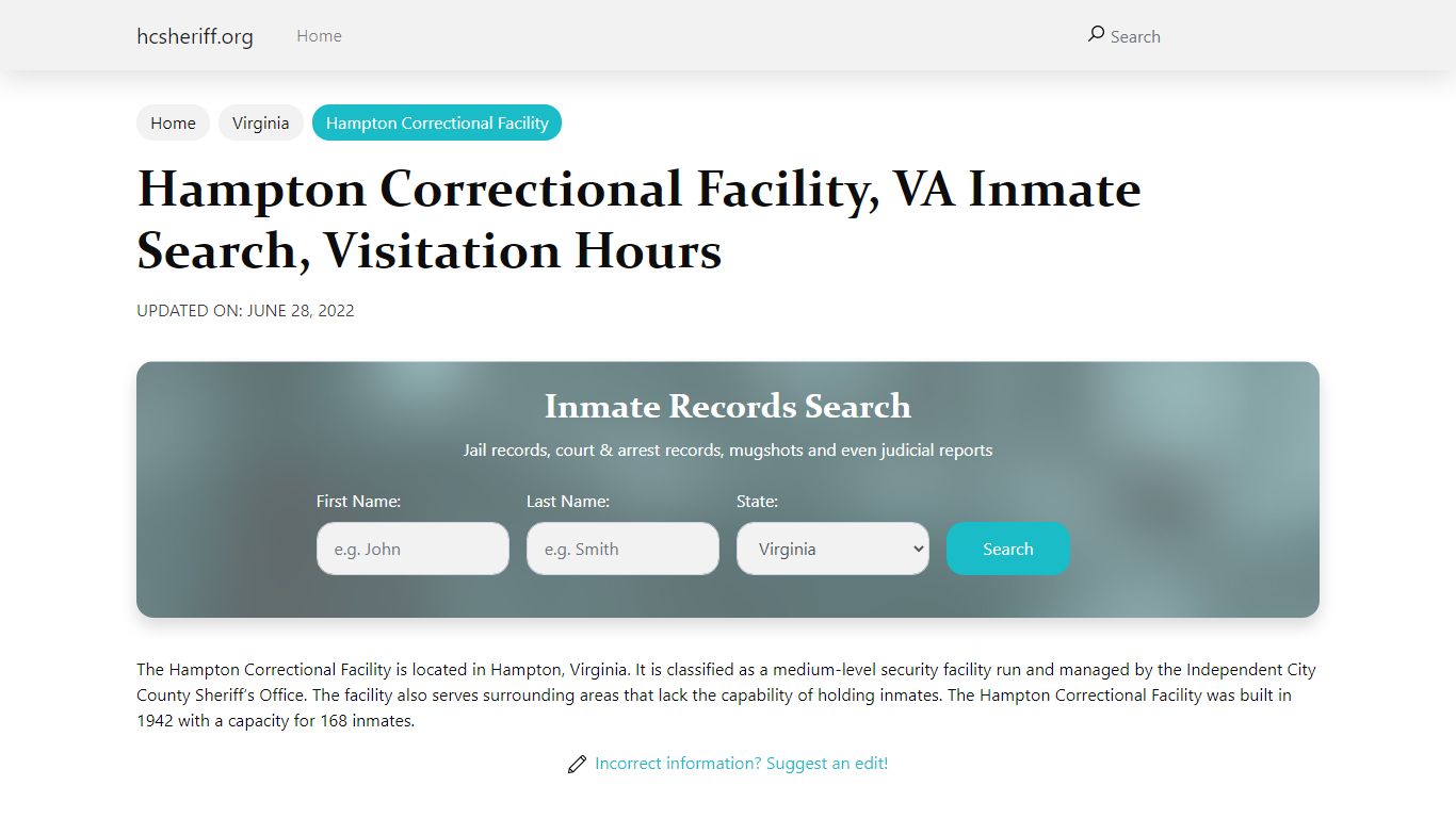 Hampton Correctional Facility, VA Inmate Search, Visitation Hours